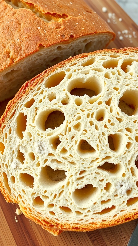 Sourdough Bread Crumb Structure Guide Sliced sourdough bread displaying an open crumb structure with golden crust on a wooden board.